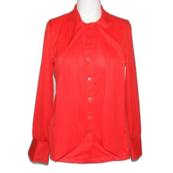 JOYCE Blouse, S, Red Poly, Neck Bow, Long Sleeves, Wide cuffs, VINTAGE - Picture 8 of 9
